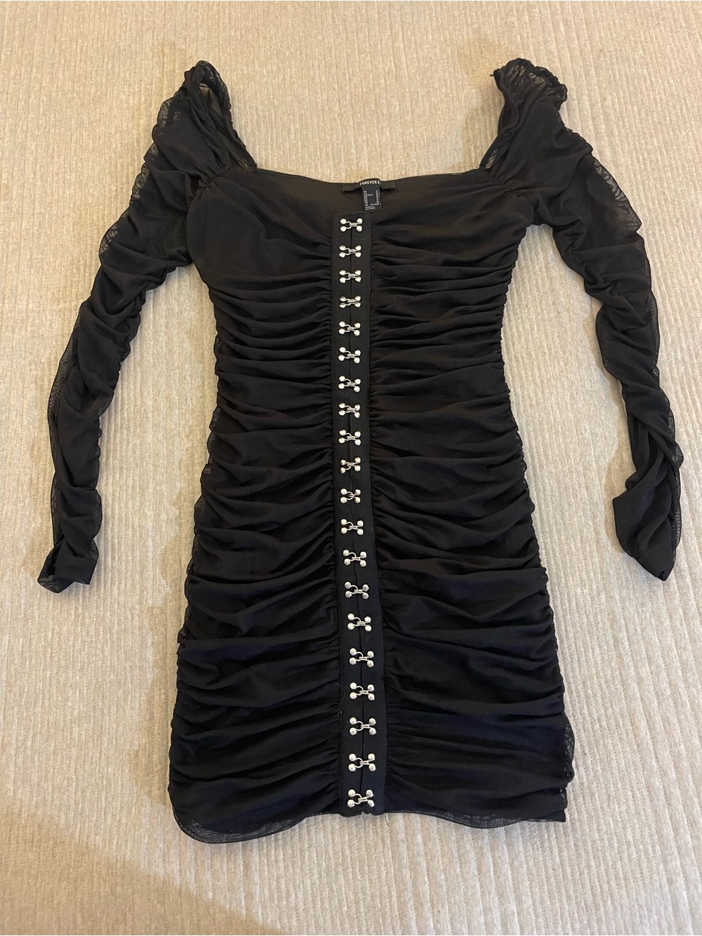 Forever 21 Black Ruched Mesh Hook & Eye Bodycon Dress Size Small Goth Coquette - Picture 2 of 6